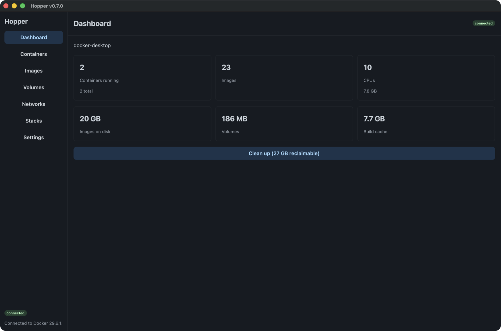 Hopper dashboard showing running containers, image and CPU counts, and disk usage with a one-click cleanup.