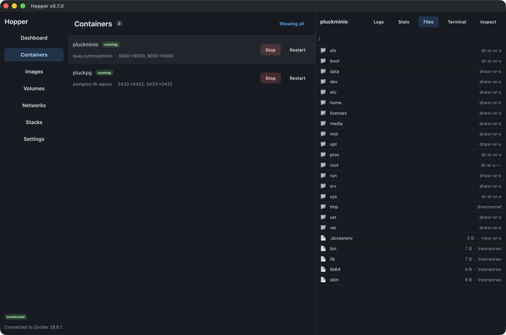 The Files tab showing a container's root filesystem with directories, permissions, and file sizes.